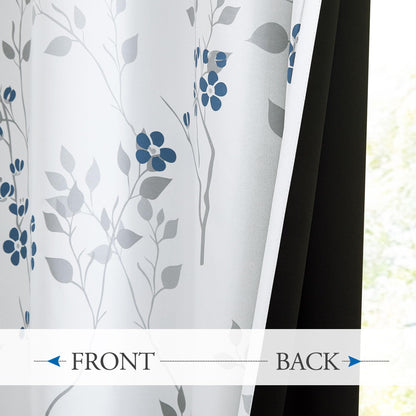 Beauoop Blue Grey Floral Blackout Curtains for Living Room Bedroom 90 Inch Drop Leaf Print Eyelet Curtain Botanical Thermal Insulated Noise Reducing