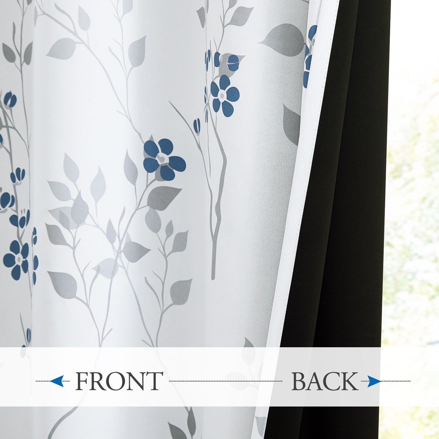 Beauoop Blue Grey Floral Blackout Curtains for Bedroom Living Room 54 Inch Drop Leaf Print Eyelet Curtain Botanical Thermal Insulated Noise Reducing