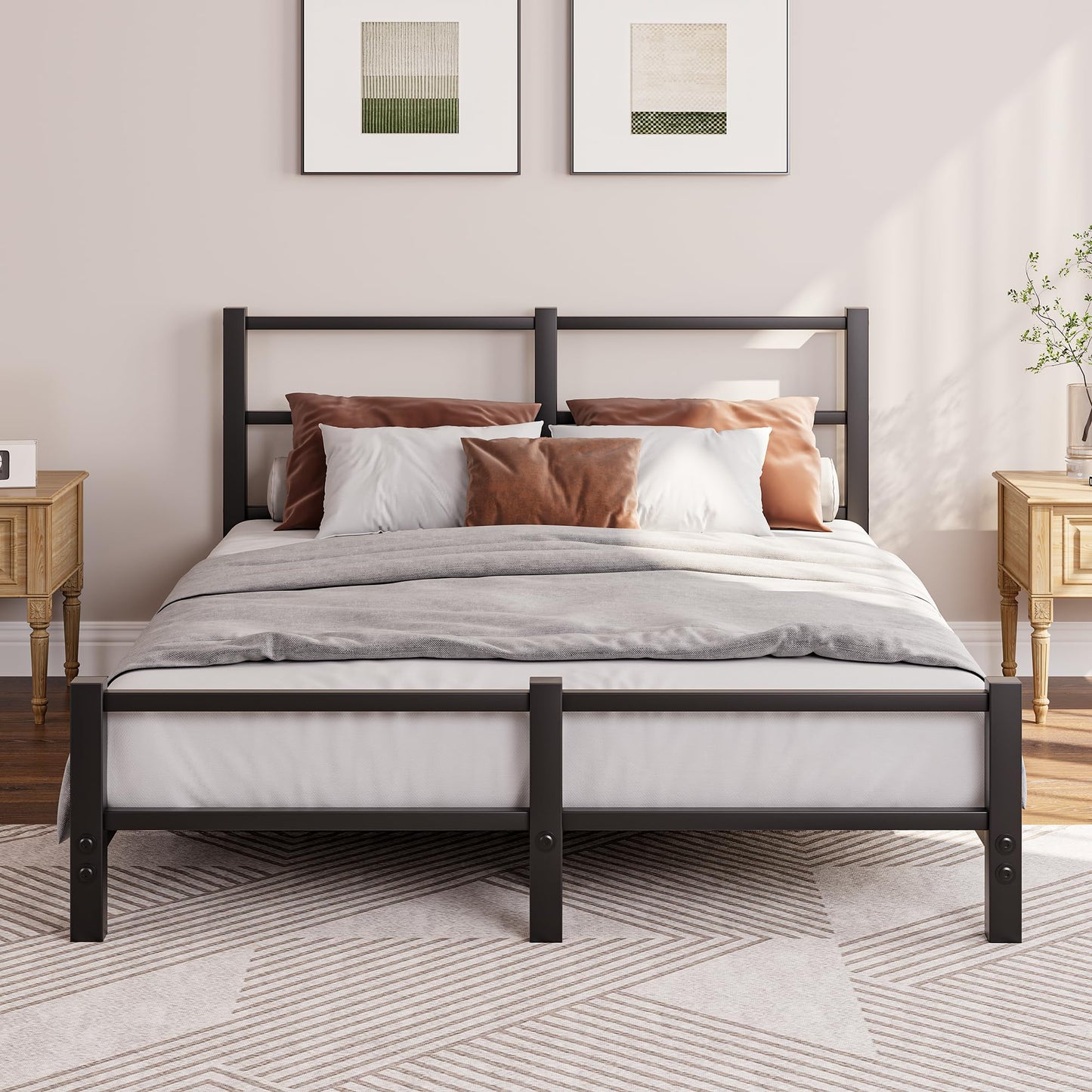 HAHRIR 16cm Low Profile 4ft6 Double Bed Frame with Metal Headboard, Black