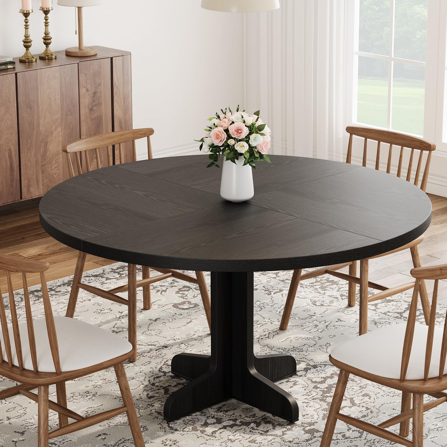 Crevyteg 47.2in Round Dining Table for 4-6 People, Farmhouse Kitchen Table with Wooden Tabletop and Legs