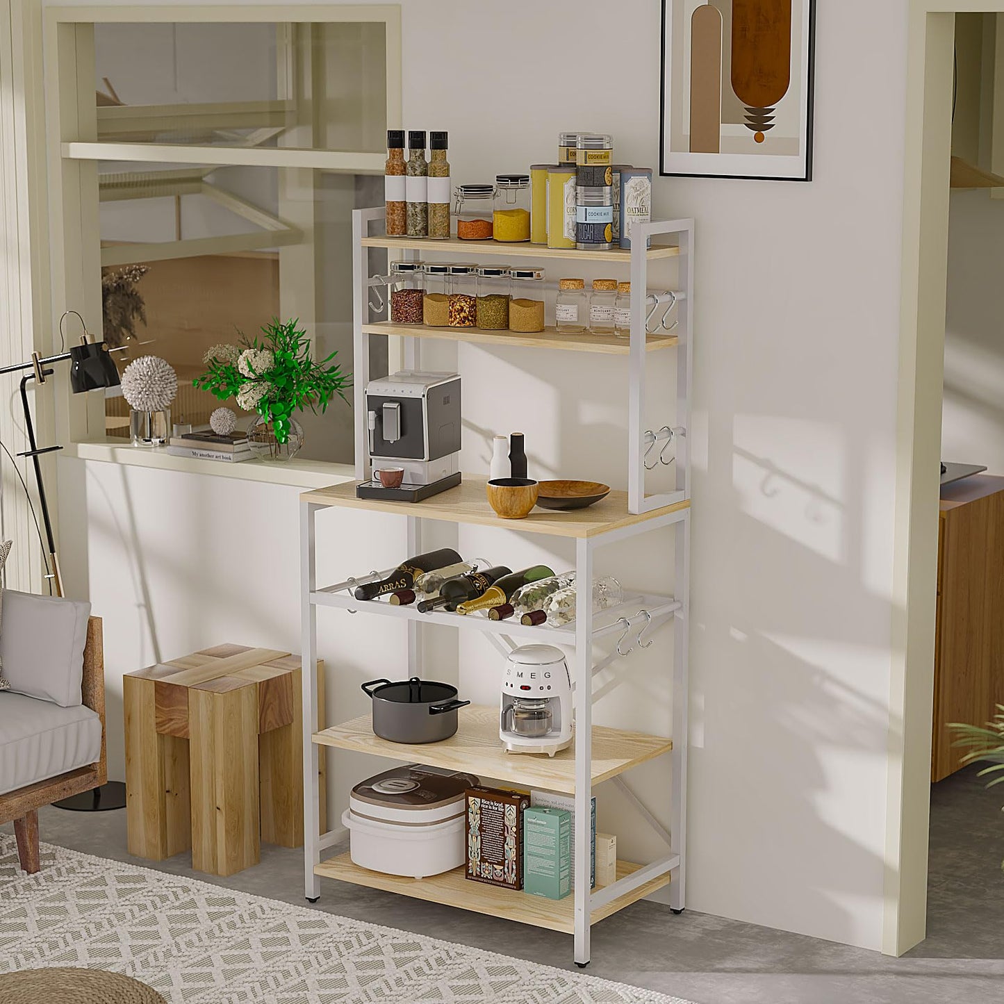 YMYNY Kitchen Baker's Rack, Microwave Oven Stand with Storage Shelves, Industrial Coffee Bar Station, with Adjustable Wine Holders and 12 S-Hooks