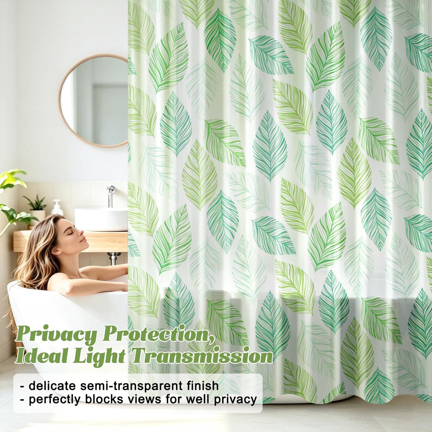 Vllcsla Shower Curtain 180x180 cm Green Leaves, PEVA Extra Long Wet Room Bathtub Curtain, Waterproof Longer Length Bathroom Curtains 180 to 240 cm