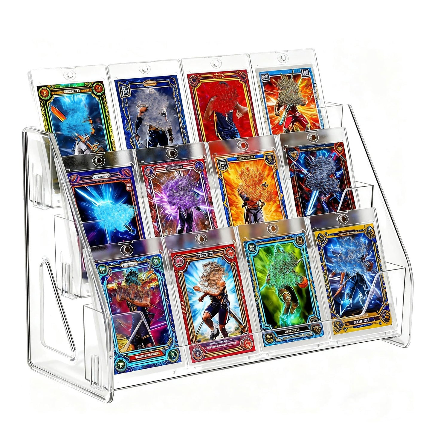 Oncpcare 3-Tier Transparent Trading Card Display Stand – Vertical PET Rack for Toploaders, Magnetic Holders, Collectible and Standard Card Slabs