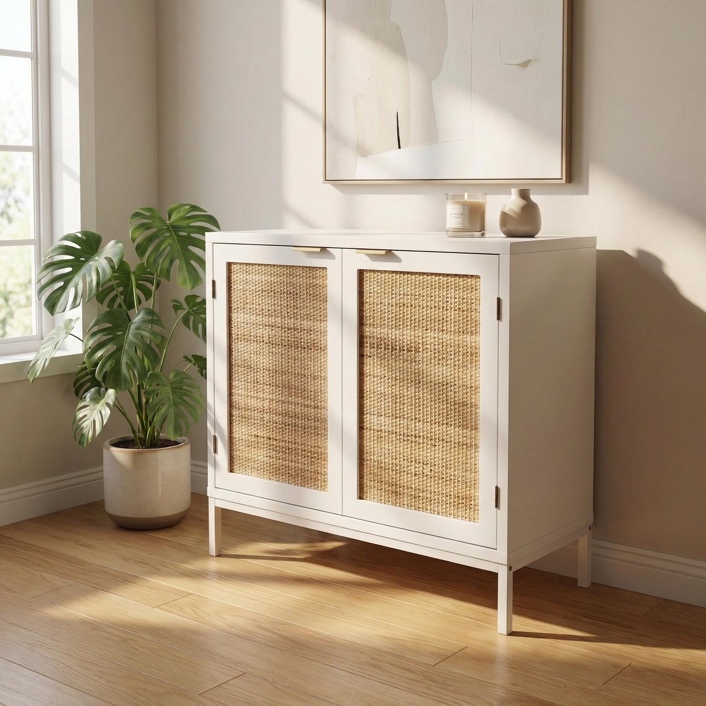 Yvsevnr White Rattan Buffet Cabinet, Sideboard and Tv Cabinet, Accent Cabinet with Magnetic Closure, Metal Legs, Anti-tipping