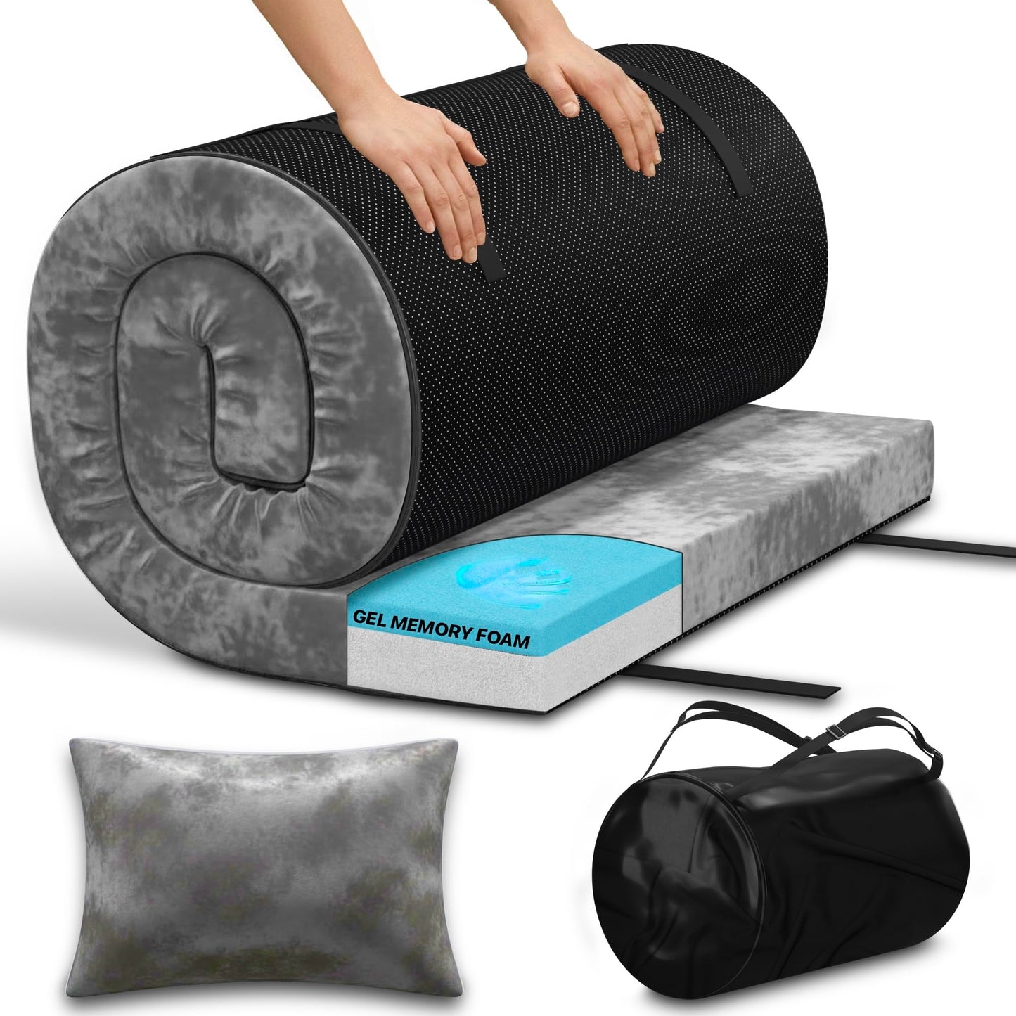 Unique Impression Single Foldable Gel Memory Foam Floor Mattress – Roll Up Topper Pad, Portable Guest Bed for Camping, Camper Van & Home