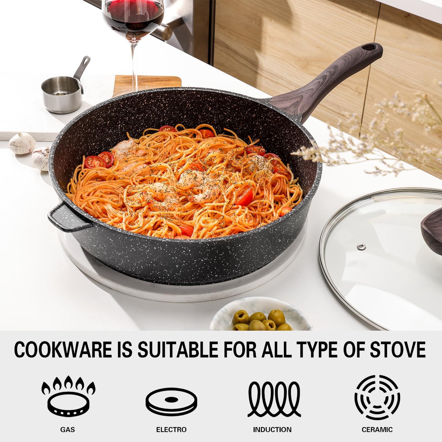 Kordisen Nonstick Deep Frying Pan with Lid, 28 cm/4.9 L Large Skillet, Granite Stone Saute Pan for Cooking, Induction Cookware, Compatible with All