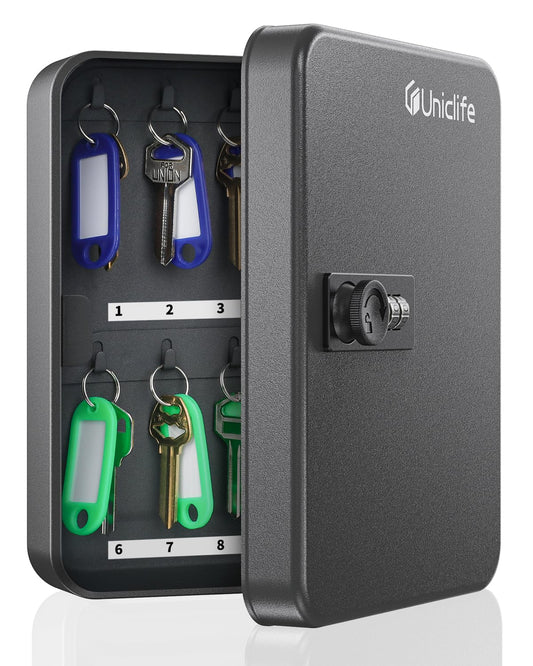 Uniclife 20 Position Key Cabinet with Combination Lock Resettable Black Digital Security Storage Box Steel Key Organizer with Colorful Key Tag Labels