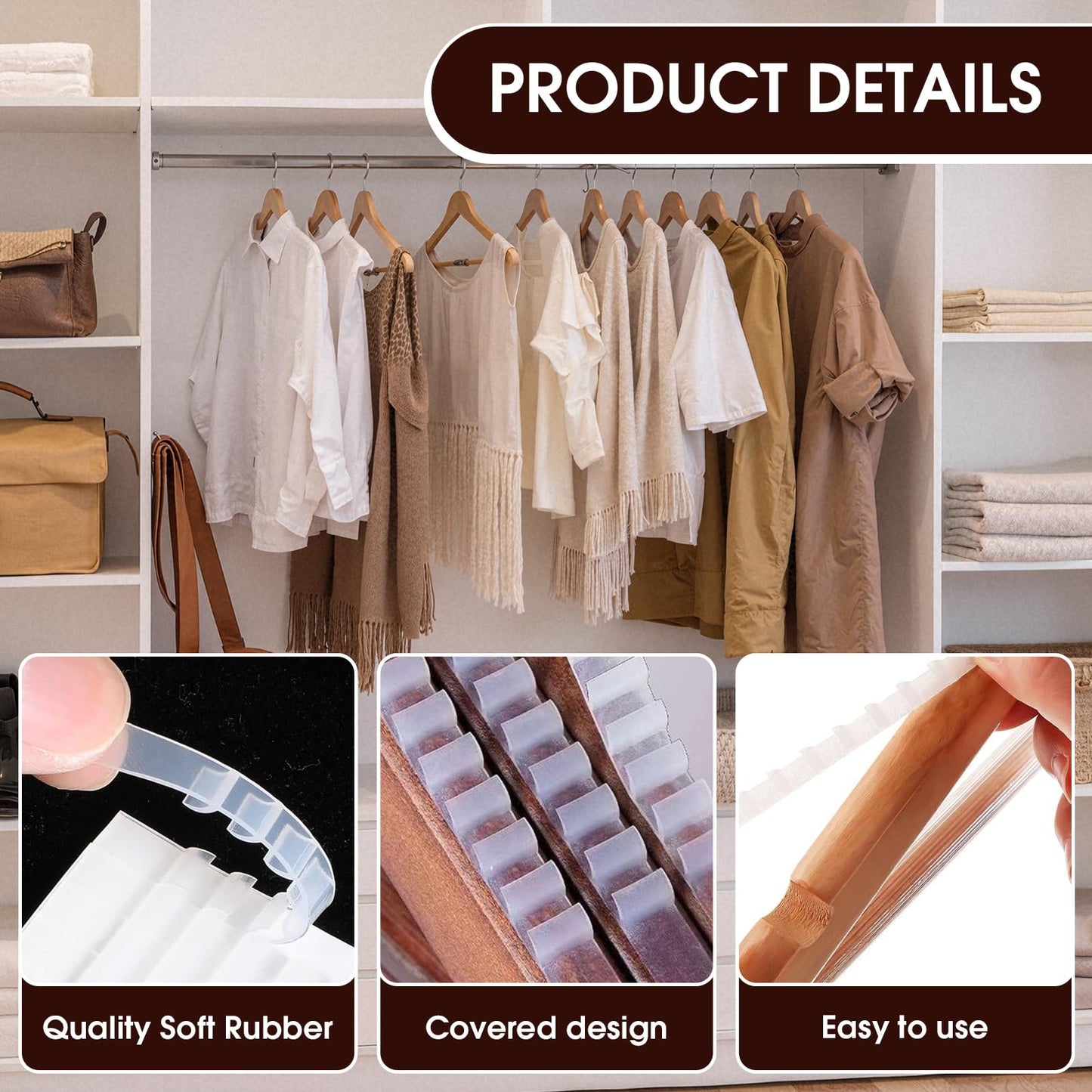 100PCS Non Slip Hanger Grips, Self Adhesive Anti Slip Clothes Hangers Grips, Silicone Clothing Hanger Strips with Fins, for Wood & Plastic Hangers