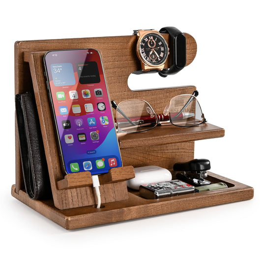 Teslyar Wood Phone Docking Station for Men - Desktop or Nightstand Organizer - Birthday gifts for Men, Dad - Anniversary Idea from Wife - Key Holder,