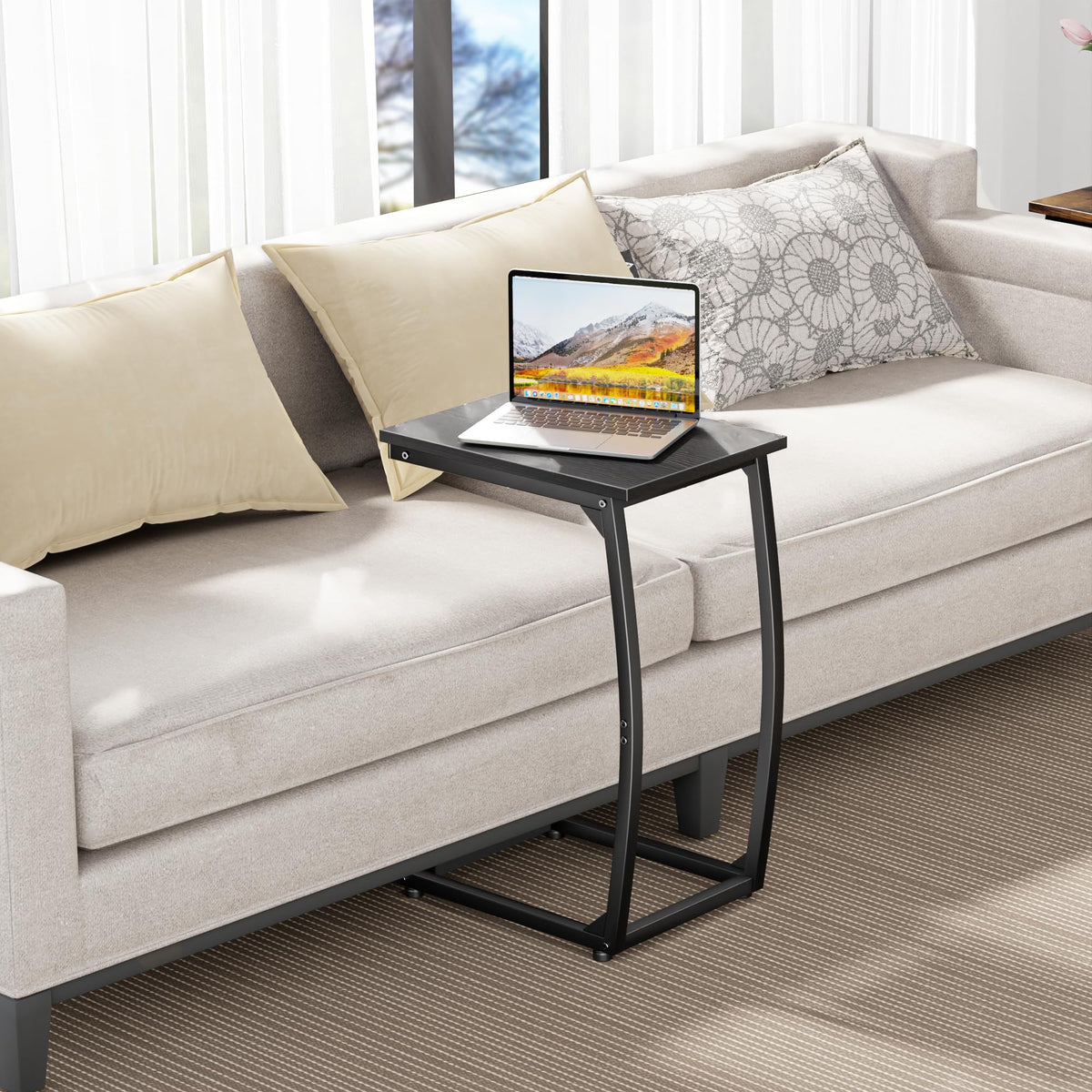 LAKEMID C Shaped End Table,Under Sofa Side Table,Couch Table for Small Spaces,TV Tray Table for Living Room Black