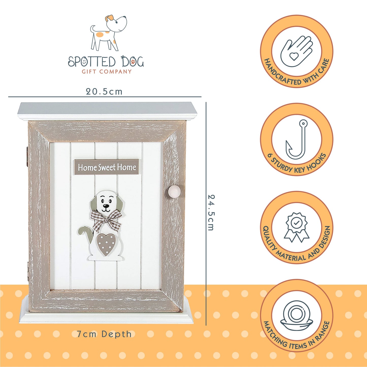 SPOTTED DOG GIFT COMPANY Key Box Wall Mounted Wooden Key Cupboard Cabinet with 6 Hooks for Hallway, Decorative Grey Dog Themed Home Decor
