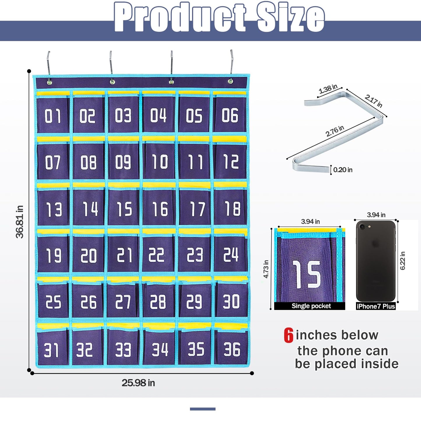 Loghotqqw Numbered Classroom Sundries Closet Pocket Chart for Cell Phones Holder Wall Door Hanging Organizer Blue (36 Pockets with Digital)