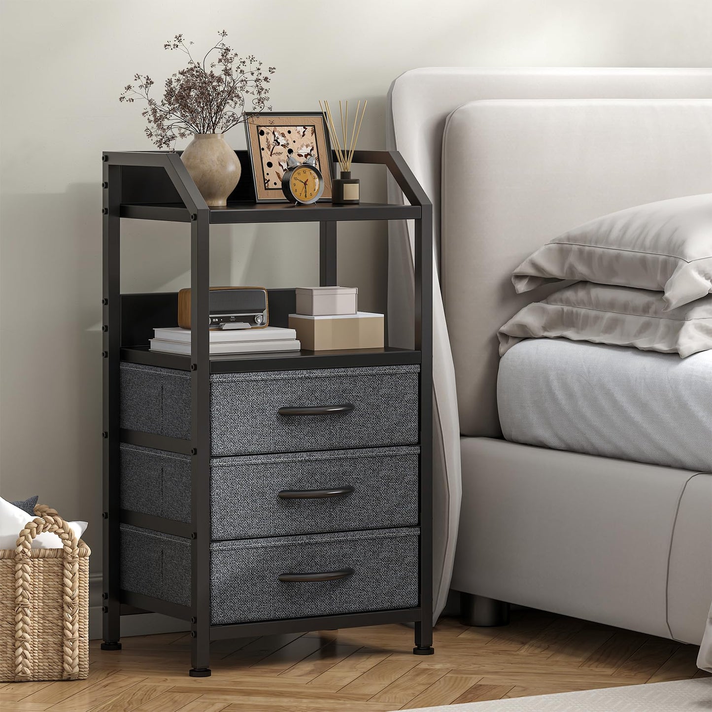 Feonase Bedside Table with 3 Fabric Drawers and Open Shelf, Nightstand for Bedroom, Living Room, Small Spaces – Metal Frame & Wooden Top
