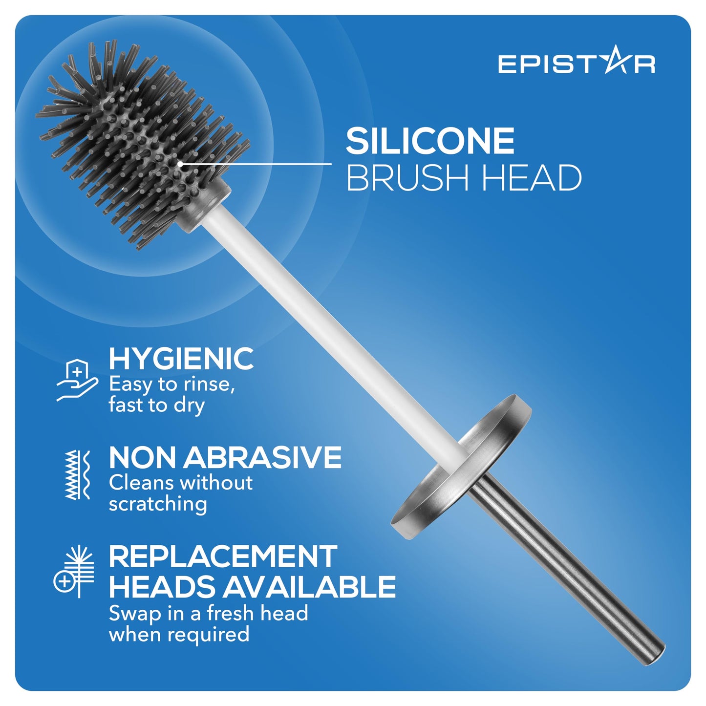 EPISTAR Silicone Toilet Brush & Holder Set - Stainless Steel - Replacement Heads Available - 45cm Tall - Toilet Brush Silicone with Long Handle (Grey)