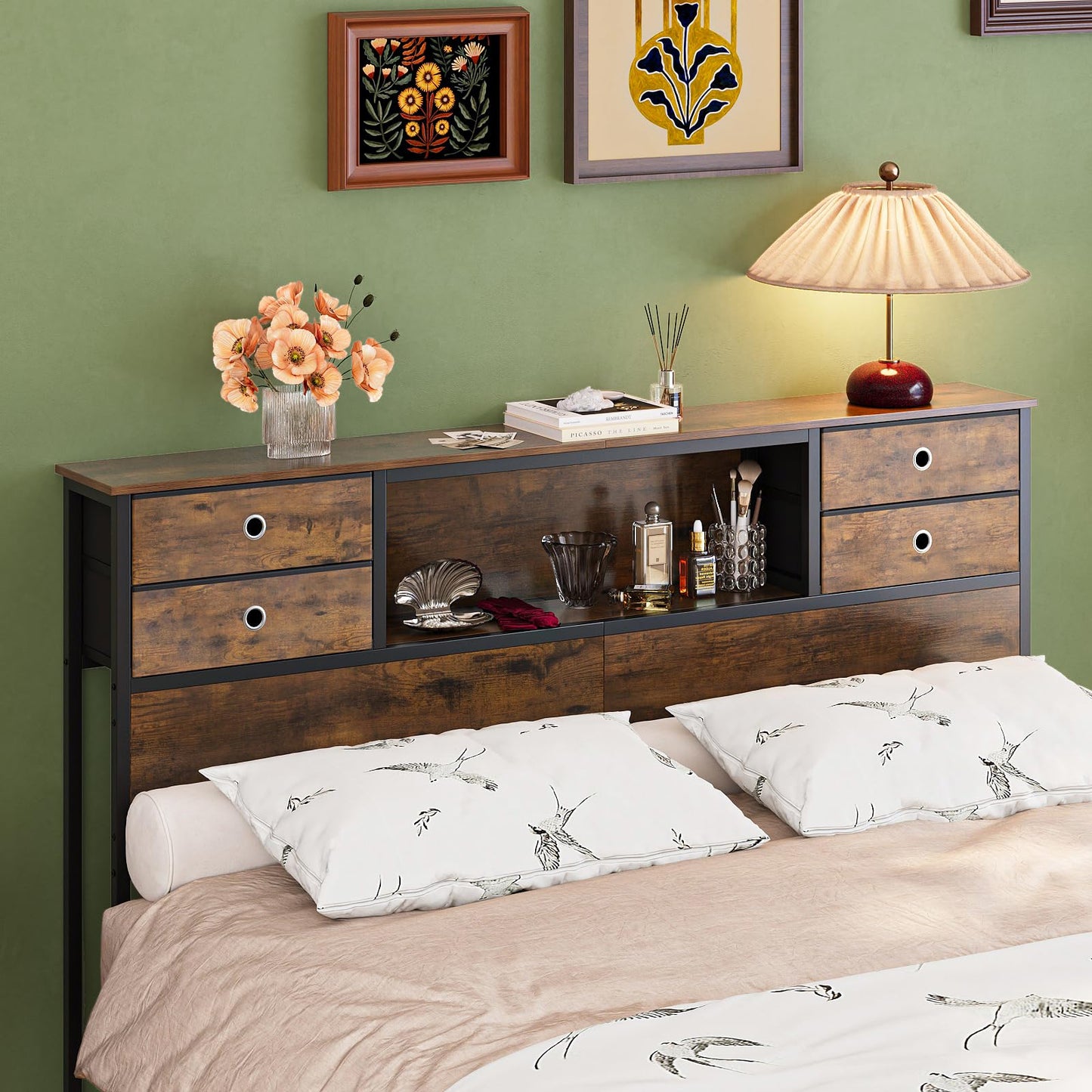VEDECASA King Size Bed Headboard with Storage, Freestanding Headboard with 4 Fabric Drawers & Shelves, Adjustable Bed Frame Connectors
