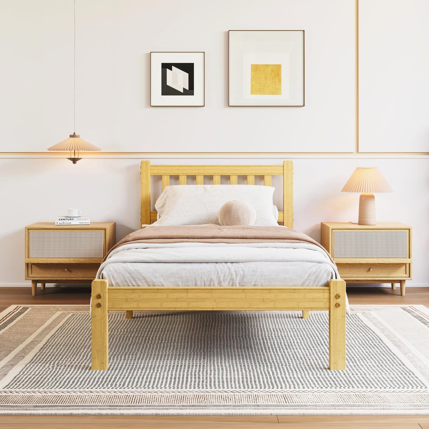 Hunlostten Single Bed Frame Wooden with Headboard - Bamboo Wood Bed Frames with Metal Slats Support and Underbed Storage Bedroom Furniture