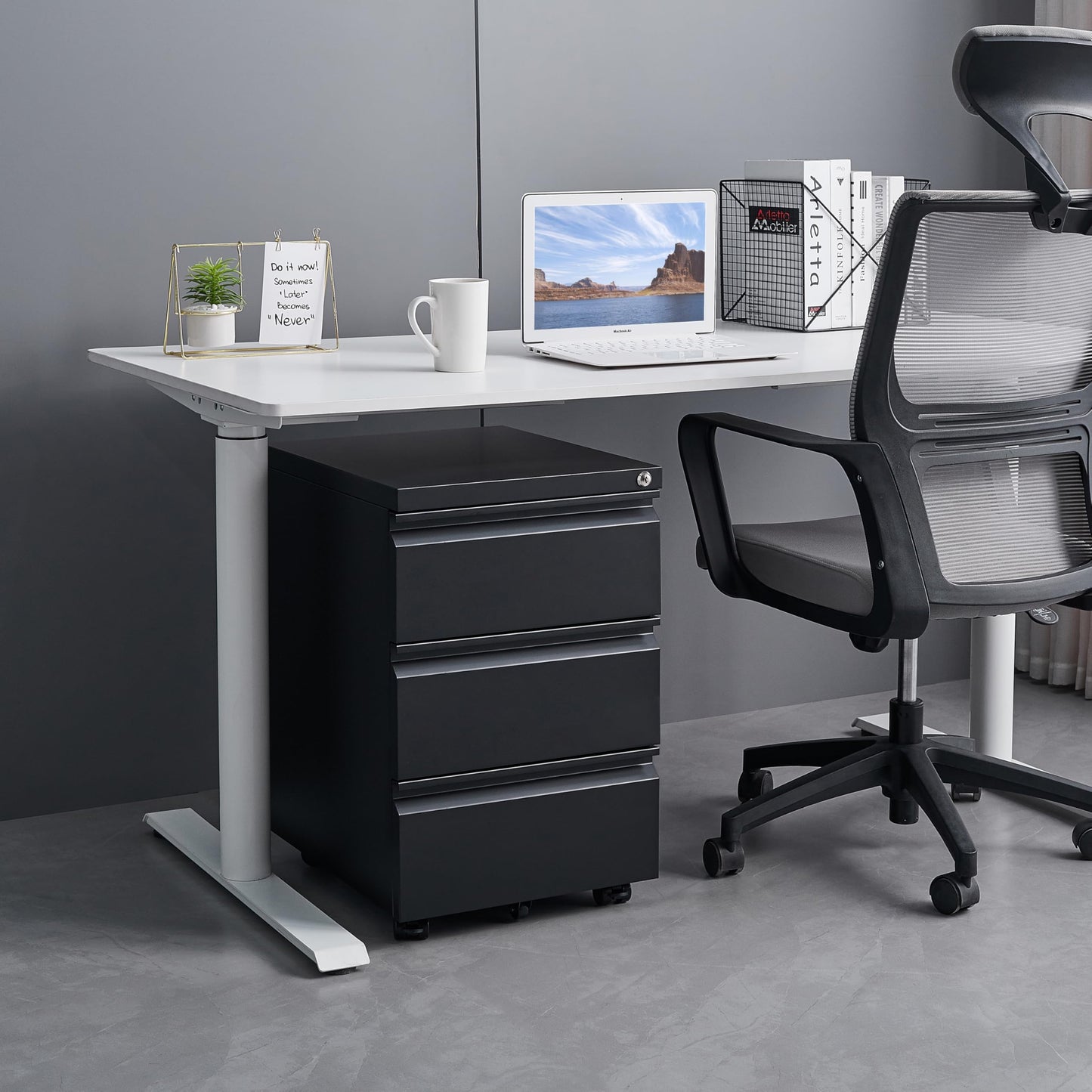 LVSTEEL Mobile Filing Cabinet, Under Desk 3-Drawer Lockable Cabinet with Wheels, Filing Cabinets for Home Office, Pre-Assembled, Black