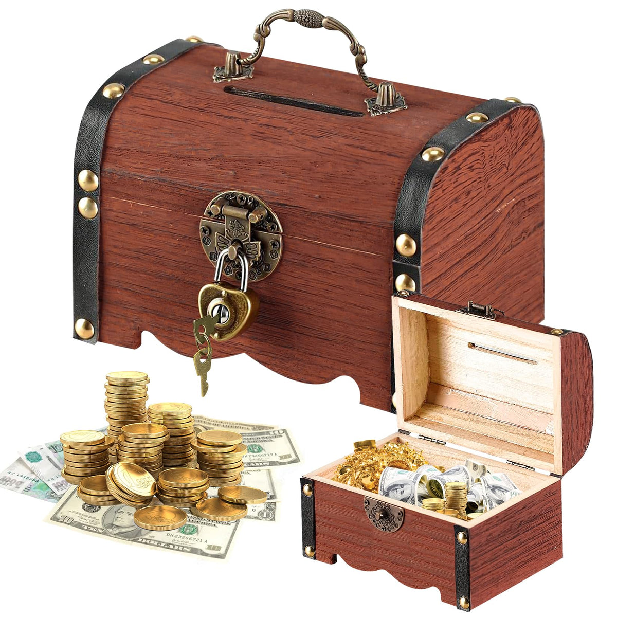 Forbabe Treasure Chest Wooden Brown Small Money Box with Lock 14.5 x 10.5 x 10.3 cm