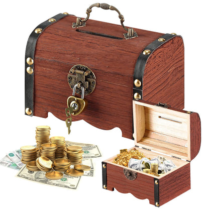 Forbabe Treasure Chest Wooden Brown Small Money Box with Lock 14.5 x 10.5 x 10.3 cm