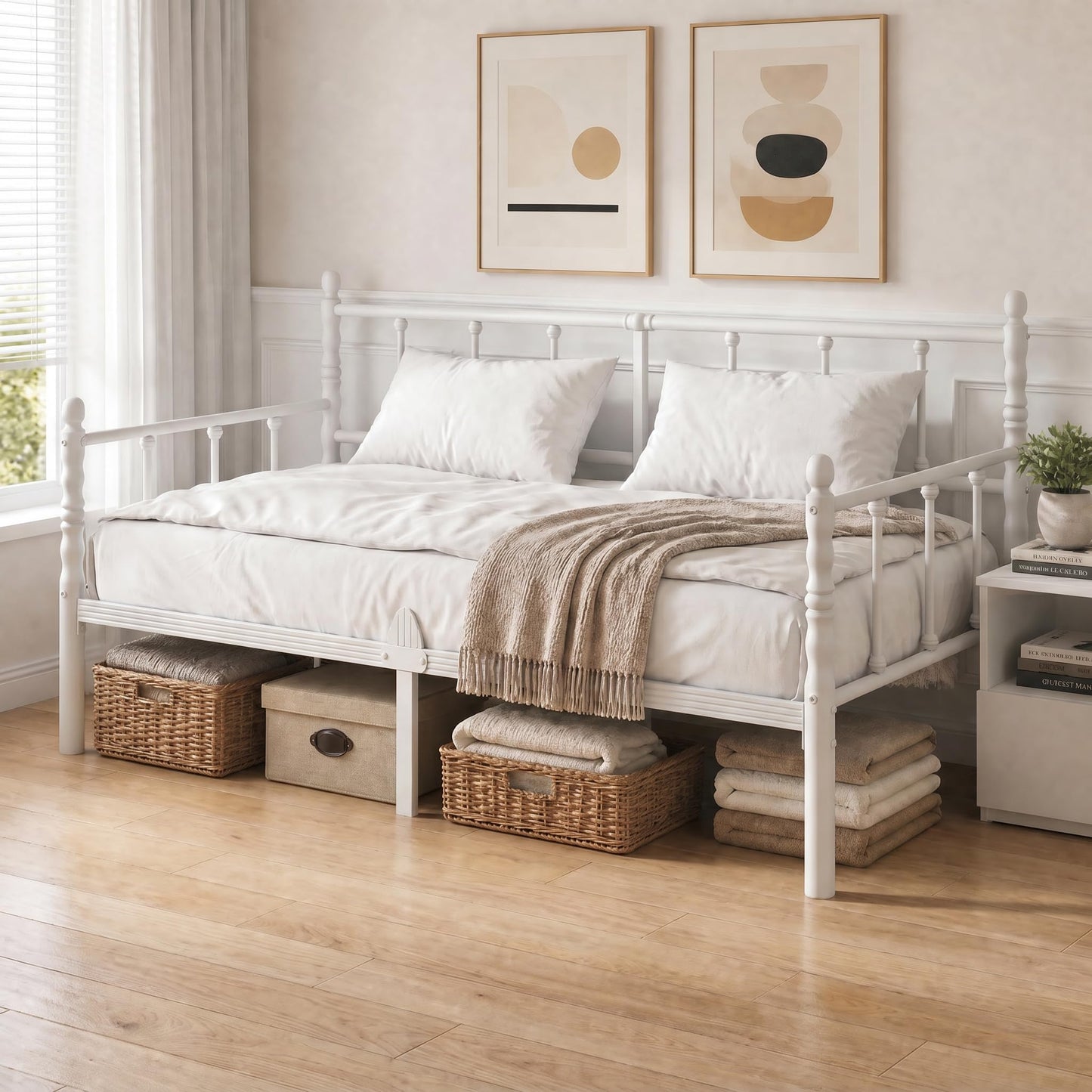 Apextella Home 3ft Single Bed Frame with Headboard,White Metal Day Bed Frame with Mattress Slide Stopper