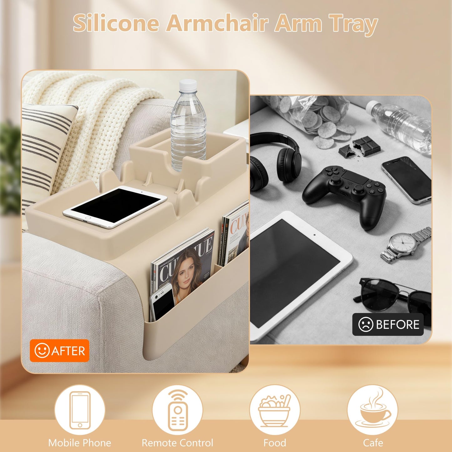 Silicone Sofa Arm Tray, Couch Cup Holder Tray, Sofa Armrest Organizer