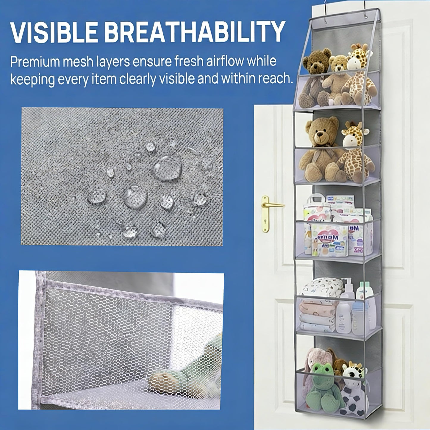 TYEQWT Over Door Hanging Organiser Grey, 6 Mesh Pockets for Bathroom
