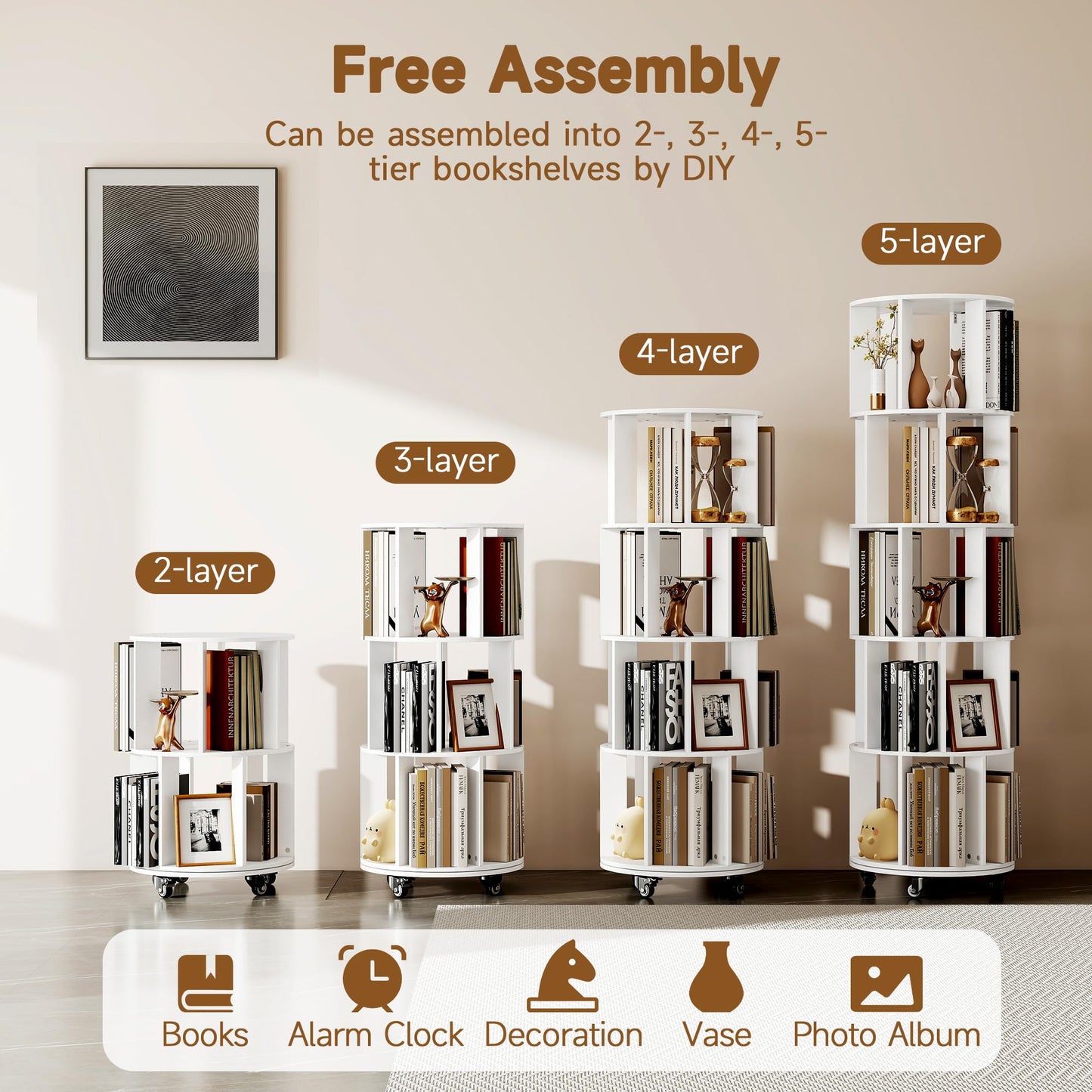 Turosur 5-Tier Rotating Bookshelf, 360° Revolving Bookcase Floor Standing