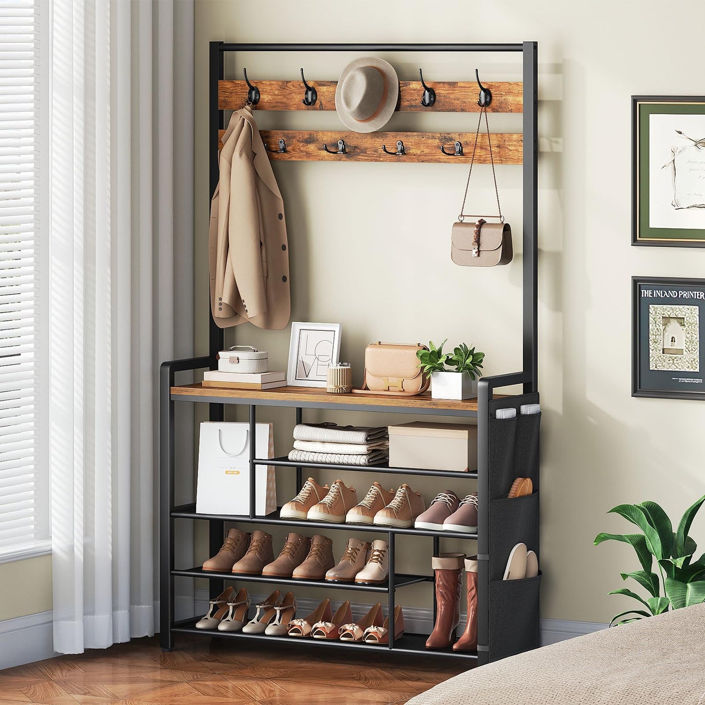 HOOBRO Coat Rack with Shoe Storage, 5 Tier Shoe Rack with Coat Rack, Shoe Storage Organizer with 9 Coat Hooks and 3 Oxford Fabric Side Pockets