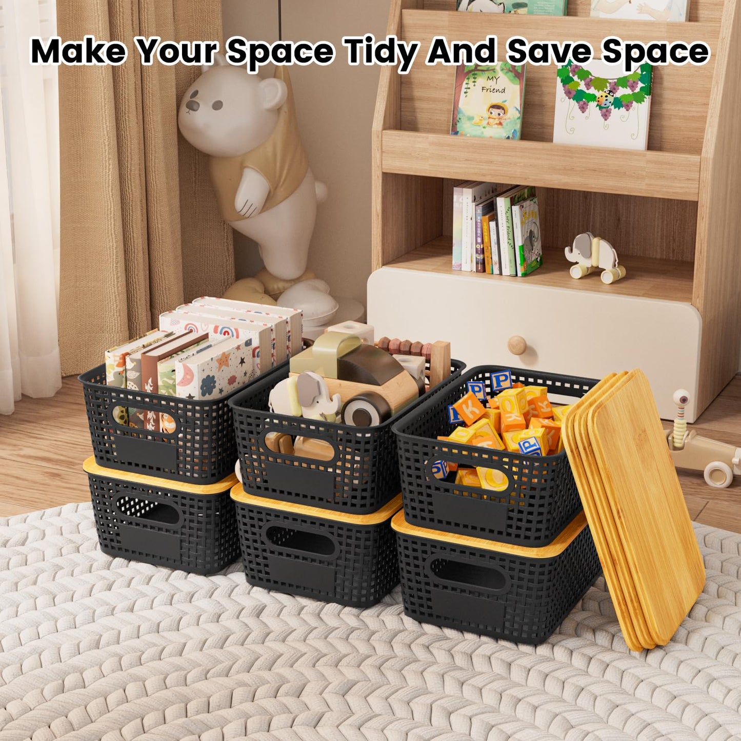Shrivee Set of 3 Black Rectangular Bamboo Lid Storage Boxes, 5L Capacity, Stackable, Ventilated, Kitchen Storage Boxes for Shelves, Cupboards, Home