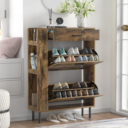 Yvsevnr Wooden Shoe Cupboard with 2 Flip Drawers and 3 Open Shelf Freestanding Entryway Storage Unit with Adjustable Shelves Shoe Storage Cabinet for