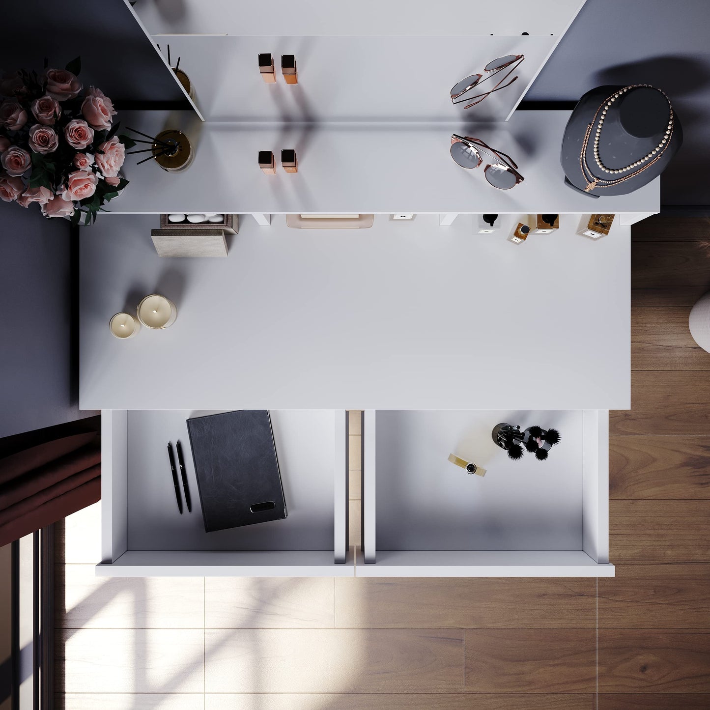 ELEGANT Dressing Table with Mirror and 2 Drawers, White Makeup Vanity Desk for Bedroom, Vanity Table Set with 3 Open Storage Compartments