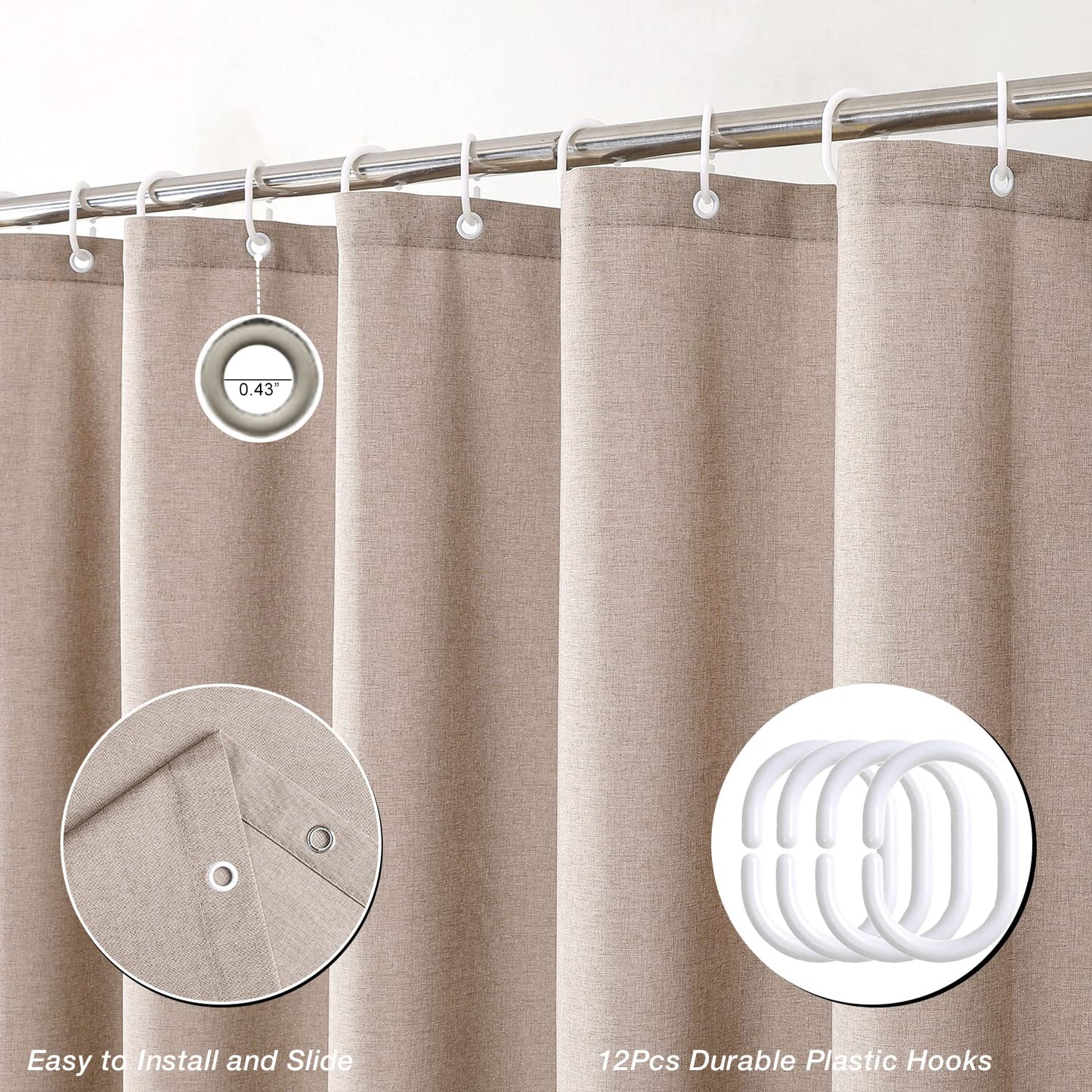 Krismile Linen Eyelet Shower Curtains Mildew Resistant Waterproof Washable, Weighted Hem Bathroom Shower Curtain with 12 White Bath curtain Hooks