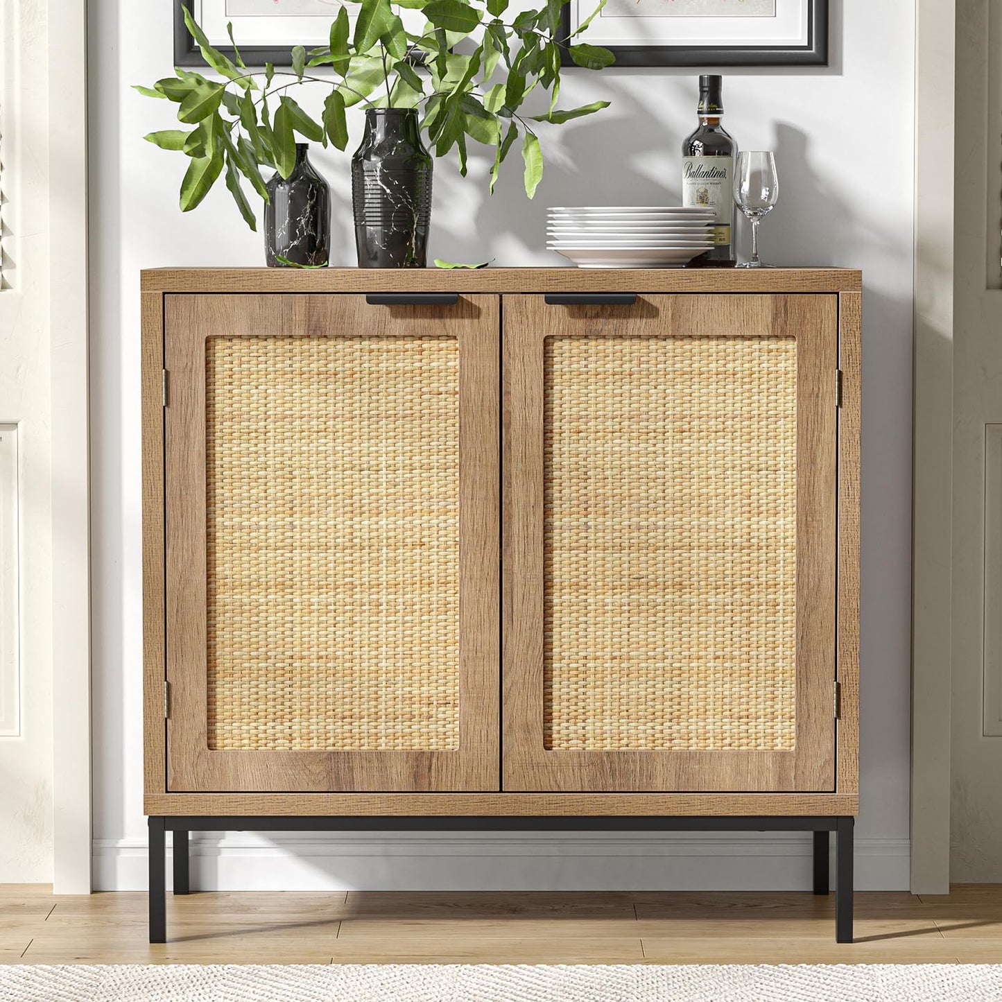 Skokliz Storage Cabinet, Sideboard with Rattan Decorated Door, Wood Kitchen Cupboard Sideboard with Adjustable Shelf, Accent Cabinet for Entryway