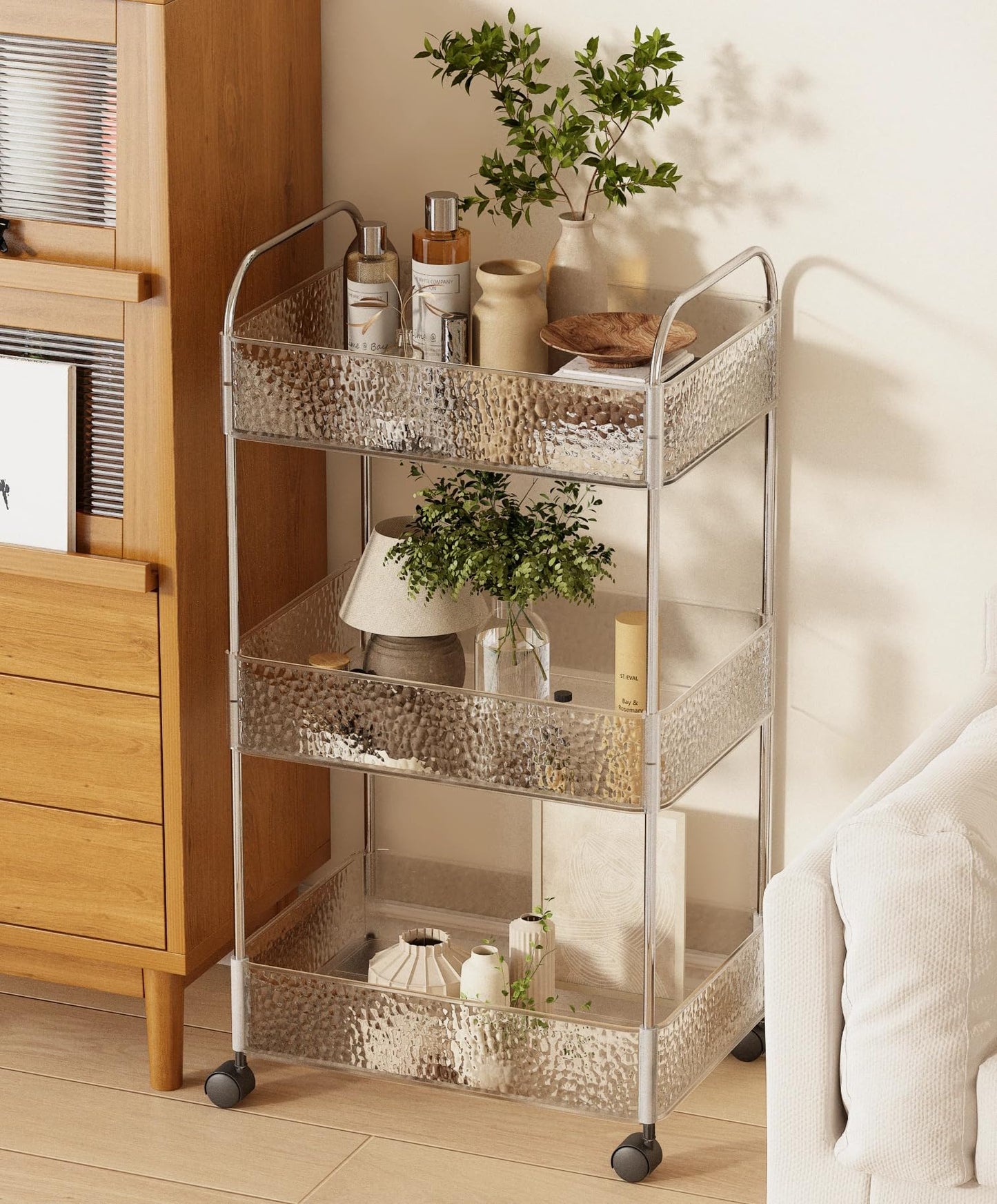 CraftGenes 3-Tier Slim Storage Trolley on Wheels, 36x20x71cm Bathroom Storage Cart with Lockable Wheels