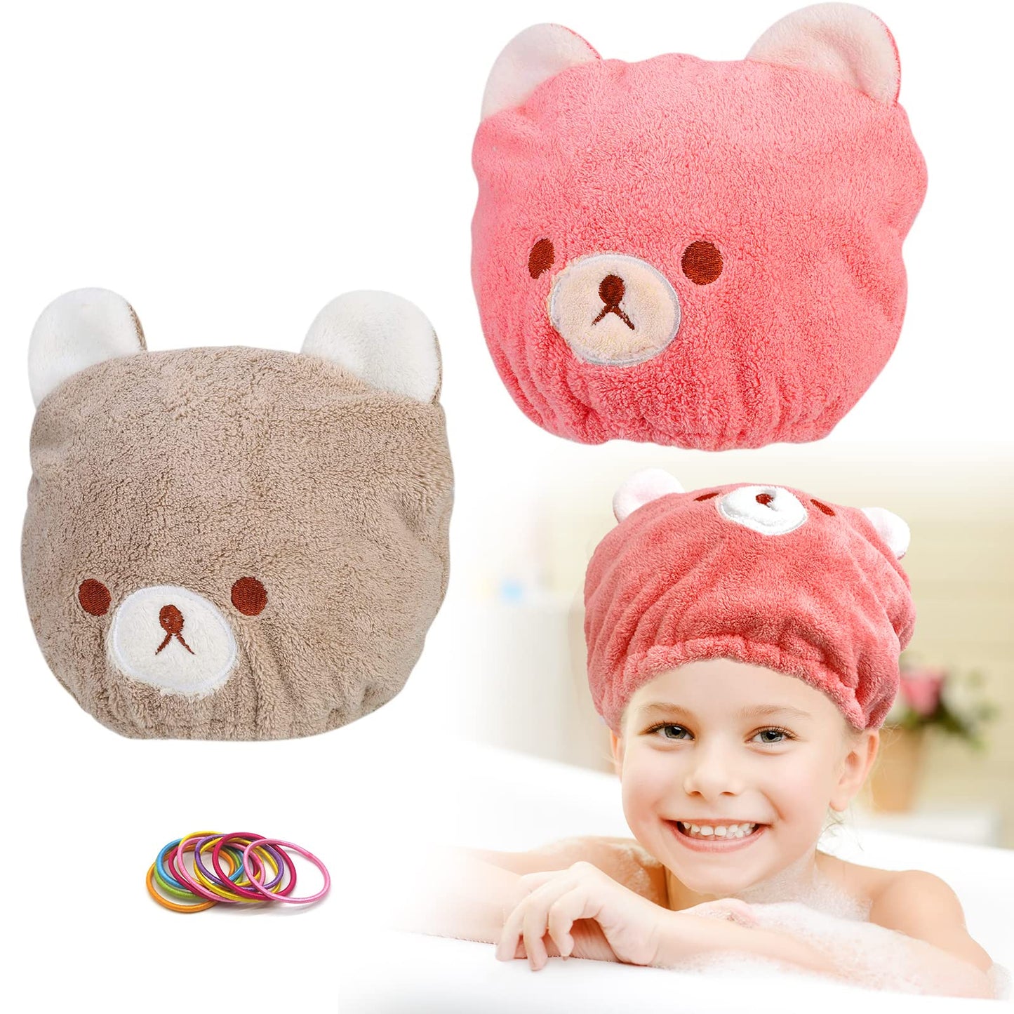 SwirlColor Hair Towel Wrap Hat for Kids, 2 Pcs Cute Cartoon Bear Microfibre Hair Towel Wrap Super Absorbent Quick Drying Turban Cap Pink and Camel