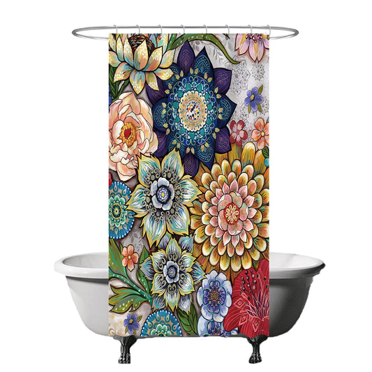 Ulticool Shower Curtain - Colourful Flowers Nature Art - 120 x 200 cm - Washable - Anti Mould - Waterproof - with 8 Rings for Mum/Nana - Red Green