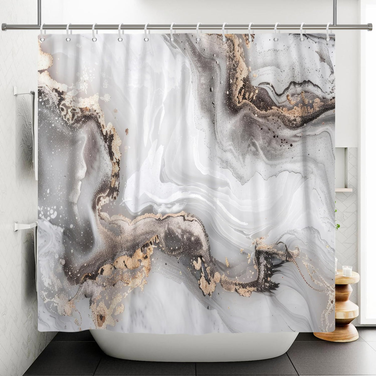 ASDCXZ Marble Shower Curtain, Grey, 180 x 200 cm, Modern Abstract Grey, White, Gold Gradient, Marble Look, Texture, Washable Bathroom Shower Curtains