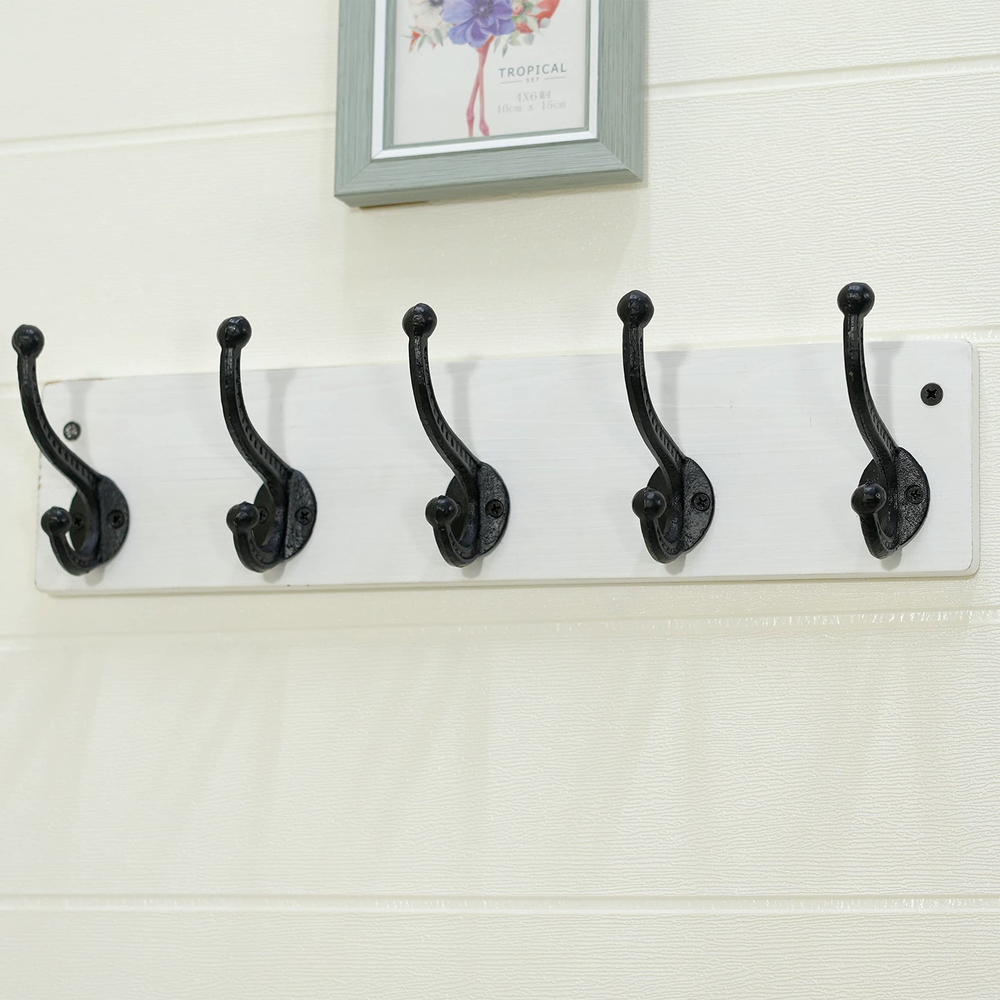 WEBI Rustic Coat Rack Wall Mount,5 Cast Iron Coat Hooks Wall Mounted,Heavy Duty Wall Coat Hanger Hooks for Hanging Coats,Clothes,Black on White,2