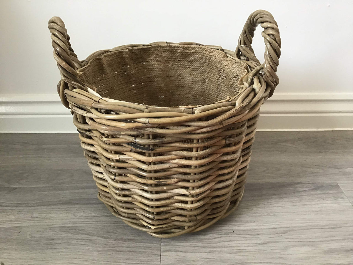 Round Kindling/Storage Basket, Hessian Lined, Excellent Quality, Very Strong Kuba Rattan Small