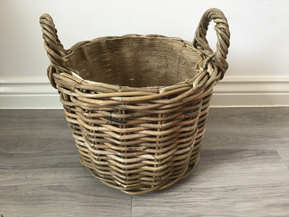 Round Kindling/Storage Basket, Hessian Lined, Excellent Quality, Very Strong Kuba Rattan Small
