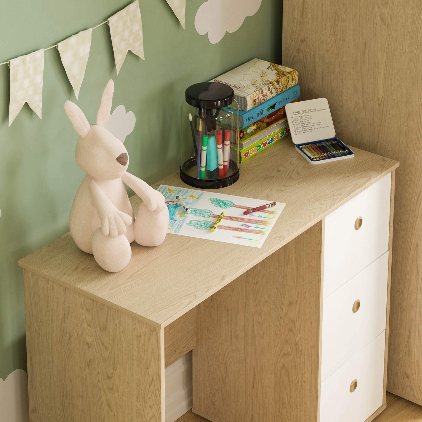 Junior Vida Neptune 3 Drawer Desk Computer Dressing Table PC/Laptop Home Study Workstation Children Kids Furniture (White & Oak)