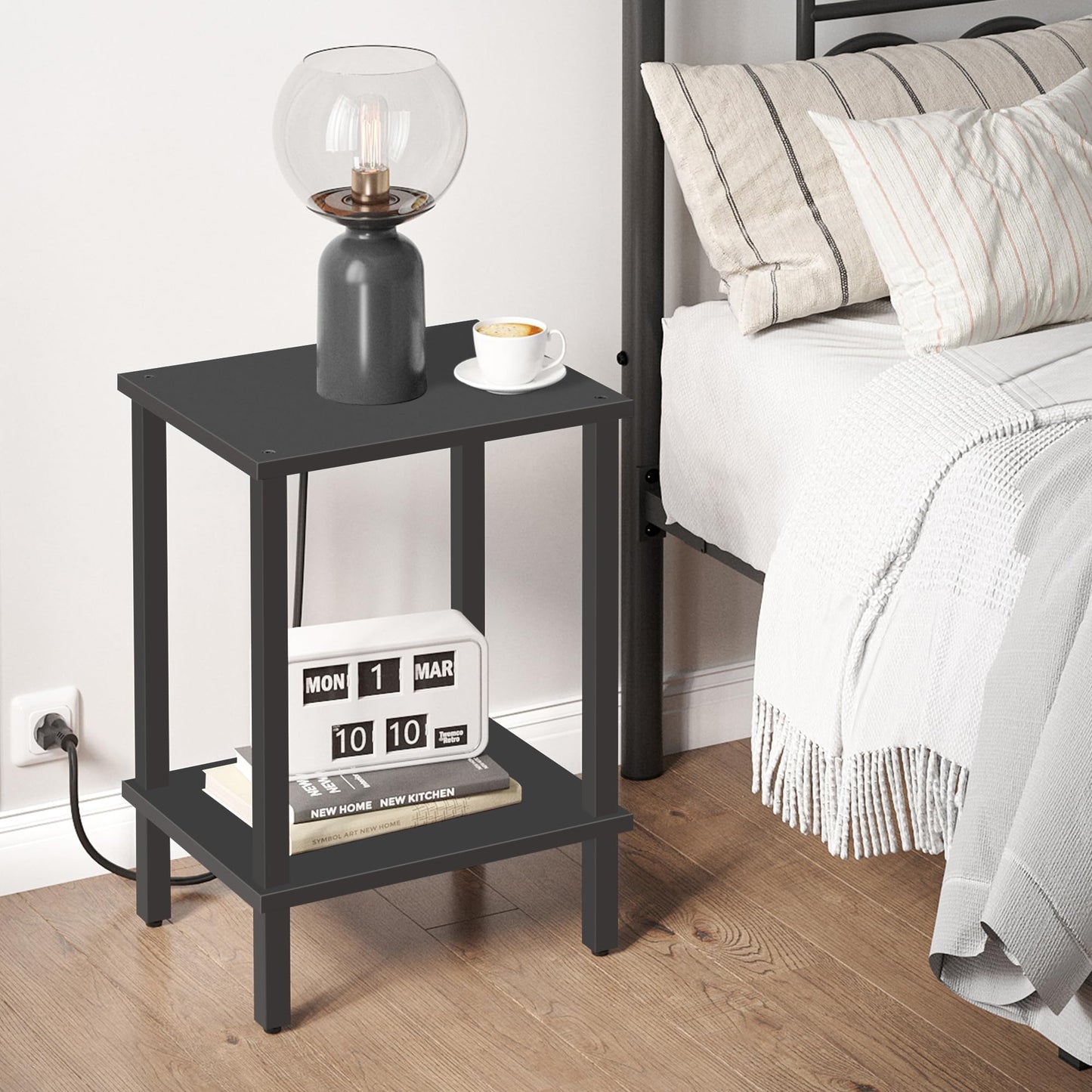 TUTOTAK Side Table, Bedside Table, Night stand, 2-Tier Storage Shelf, End Table for Small Space, Living Room, Bed Room, Black TB01BK034EU
