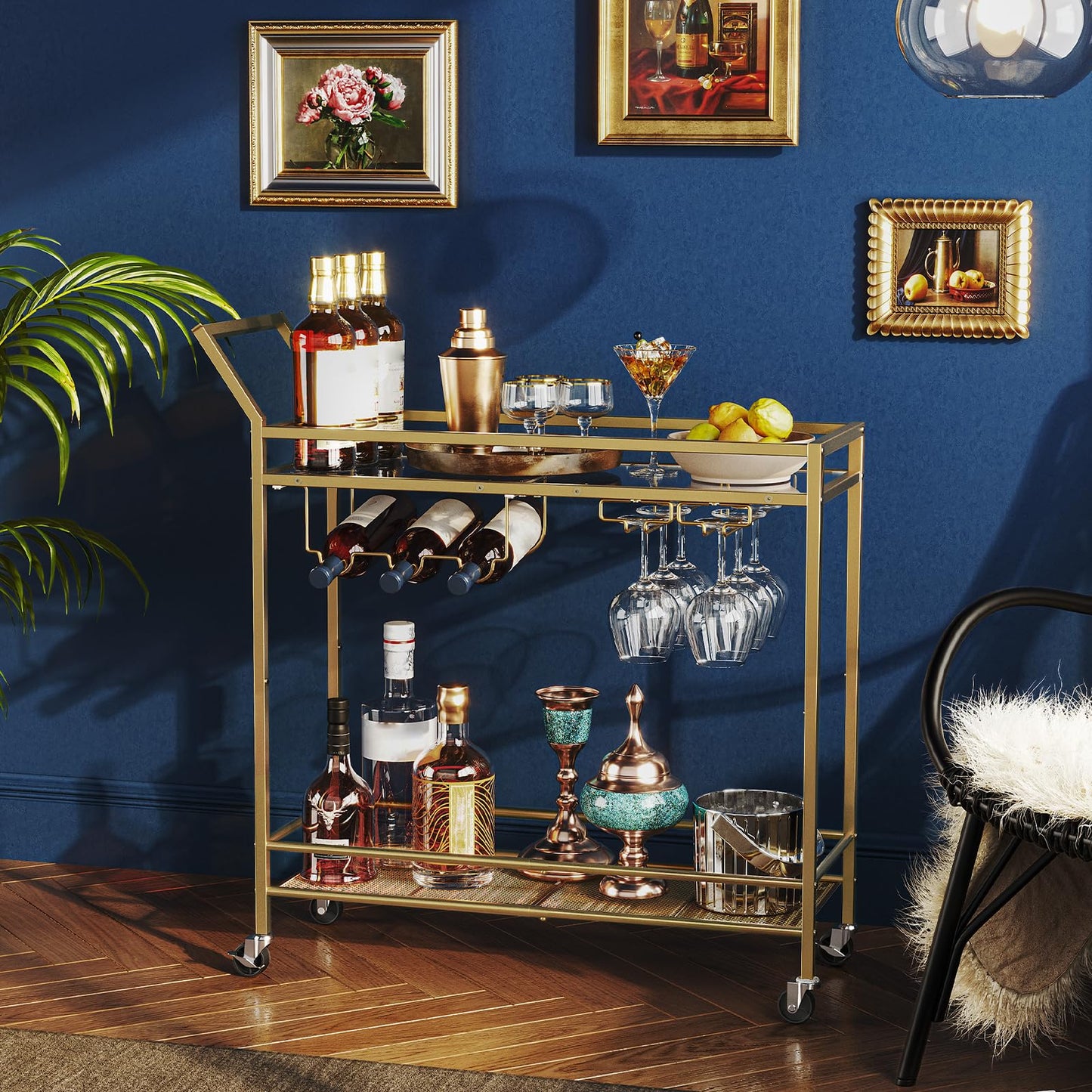 HOOBRO Drinks Trolley Gold, Bar Cart, Bar Trolley, Kitchen Trolley on Wheels, Serving Trolley with Glass Shelf, Wine Rack and Glass Holder, Home Bar