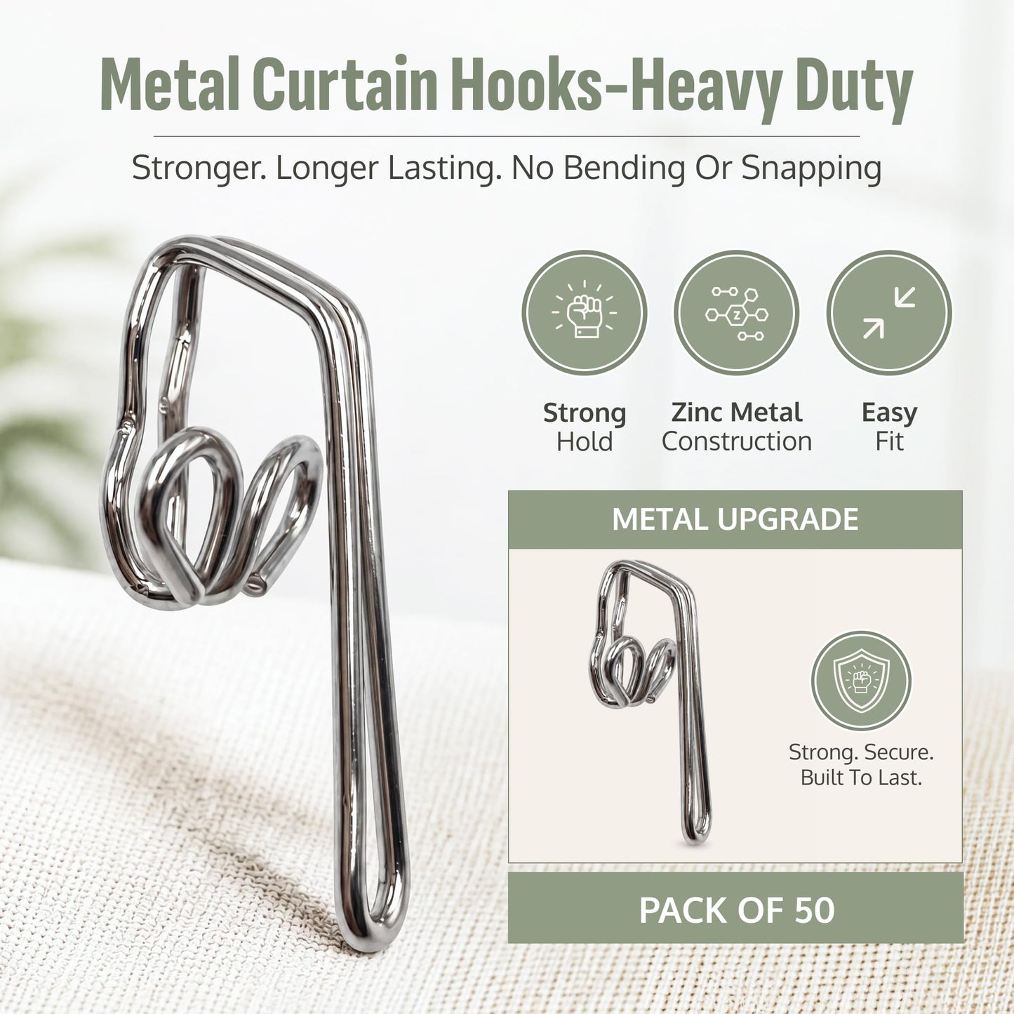 Metal Curtain Hooks - Heavy Duty Zinc Plated Curtain Hooks, 50 Pack for Pencil Pleat & Pinch Pleat Curtains, Heading Tape, Pole Rings, Tracks