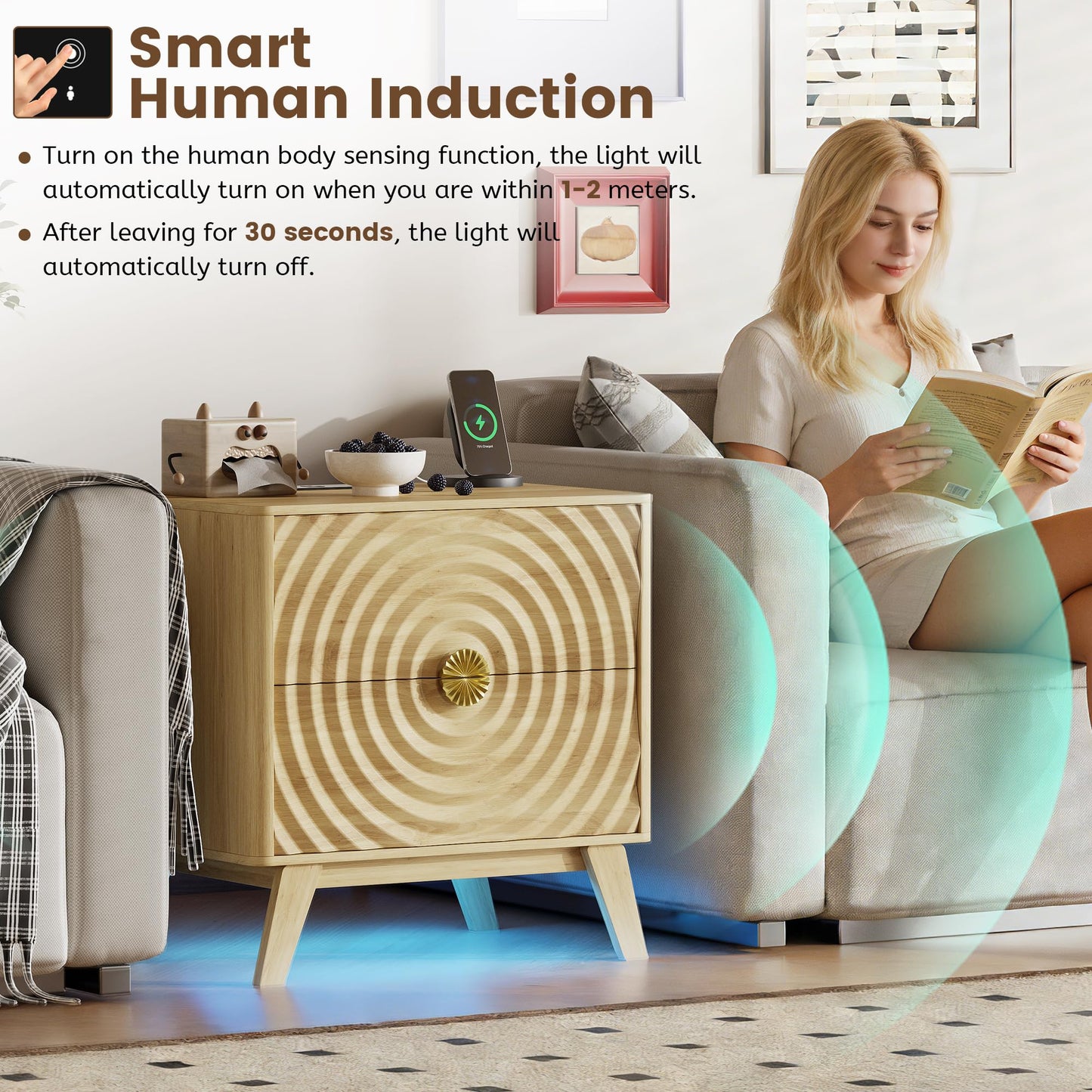 Ripple Led Bedside Table with Charging Station and Human Body Sensor,Nature