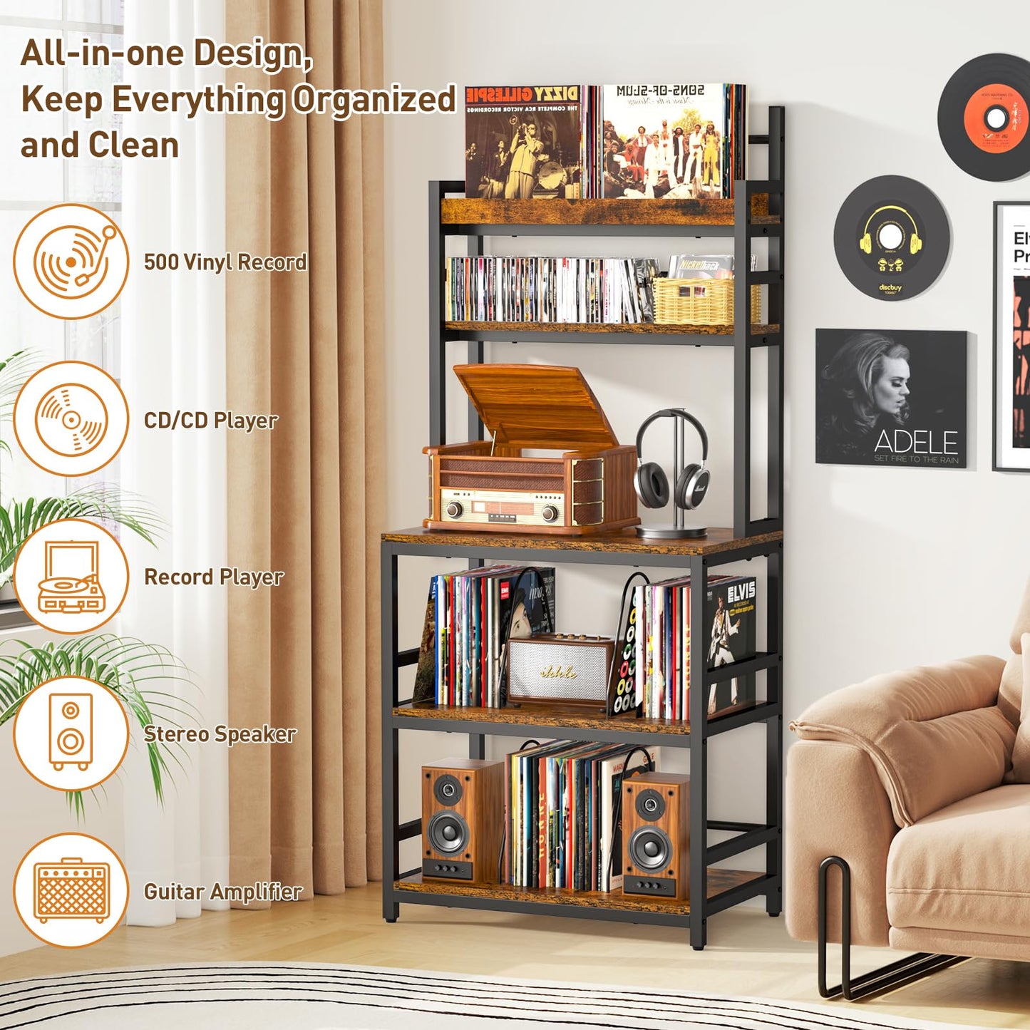 ikkle Record Player Stand with Vinyl Storage, Turntable Stand Holds Up to 500+Albums, 5 Layer Record Player Table with CD Racks for Living Room