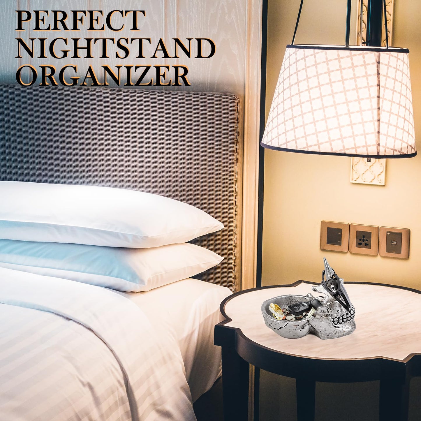 VIPbuy Skull Glasses Holder Stand, Novelty Eyeglass Holder Rack with Storage Tray for Nightstand