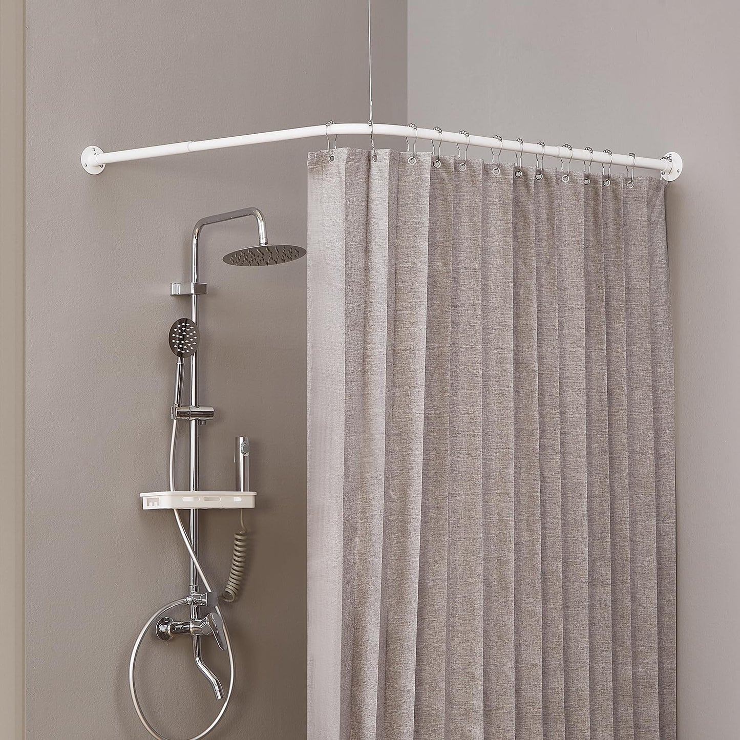 Crkmire L Shape Shower Curtain Rail, [61-94 cm] x [61-94 cm] Square 90 Degree Corner Curved Curtain Rod No Sagging for Bathroom, with 12 Ring Hooks