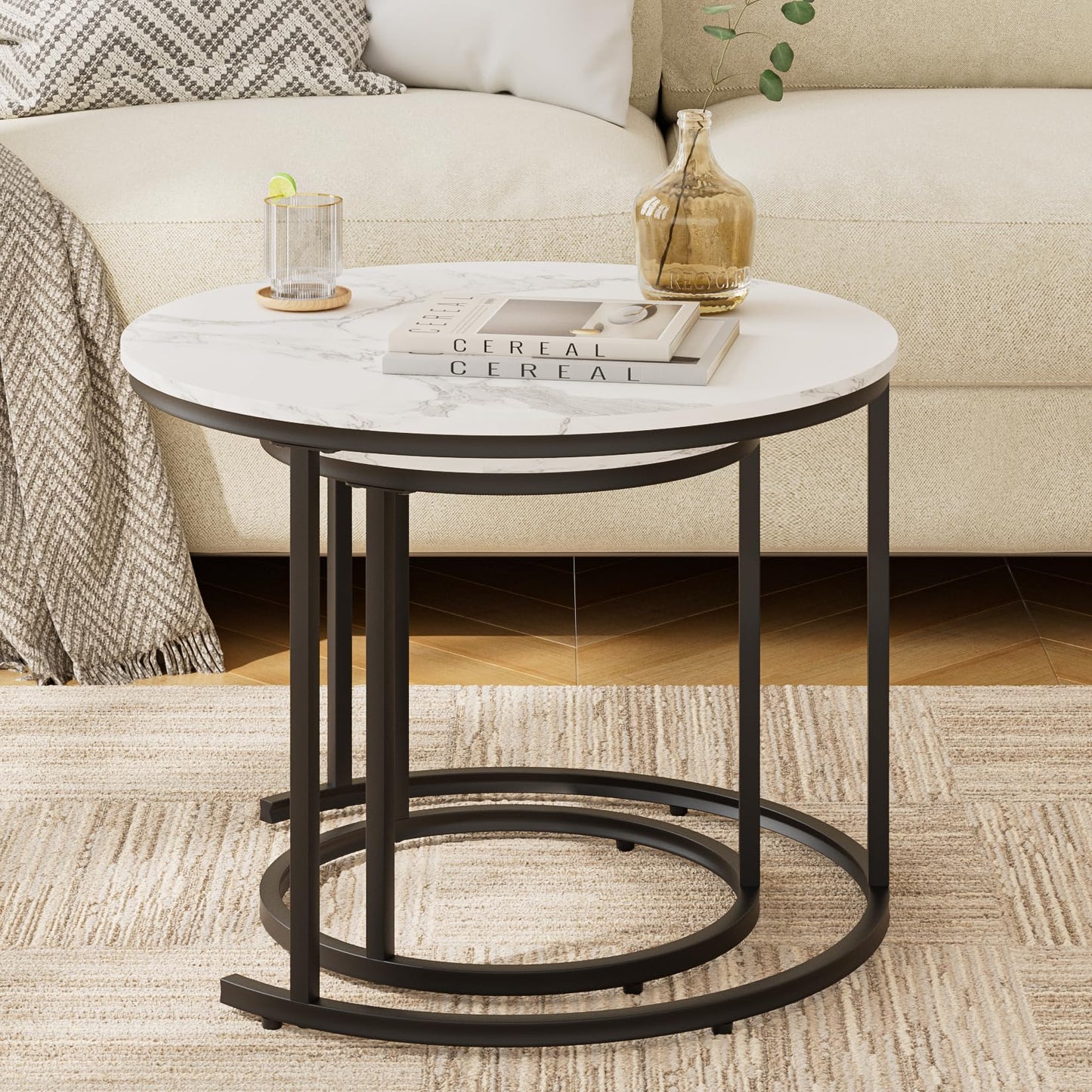 HEYZOEY Round Coffee Tables, Removable Set of 2 End Table, Nesting Tables with Black Metal Frame Legs and Marble White Top for Living Room, Bedroom