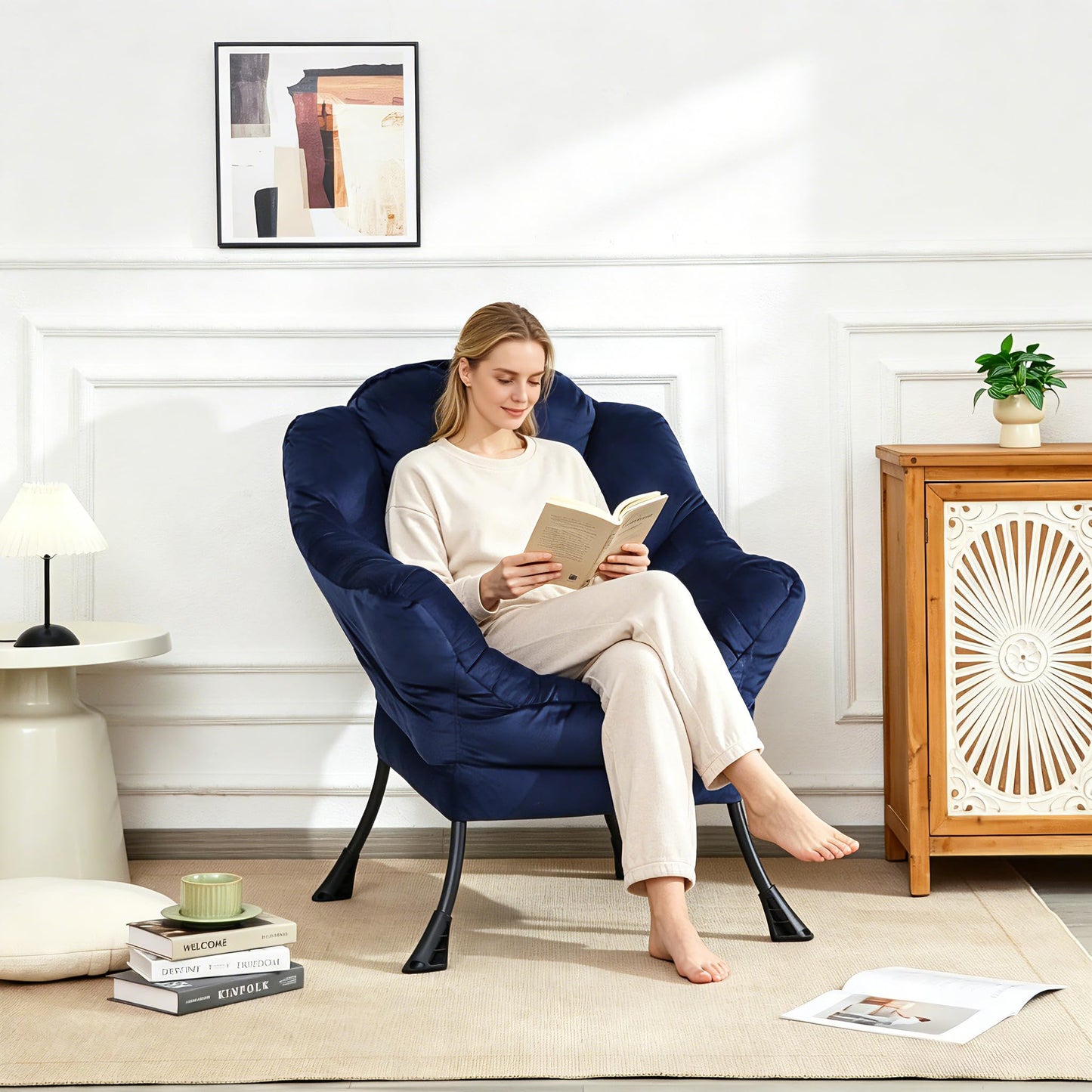 Mordchil EU Comfy Chair for Adults,Armchair Chair for Living Room,Velvet Reading Chairs for Bedroom, Accent Chairs with Steel Frame,Navy Blue